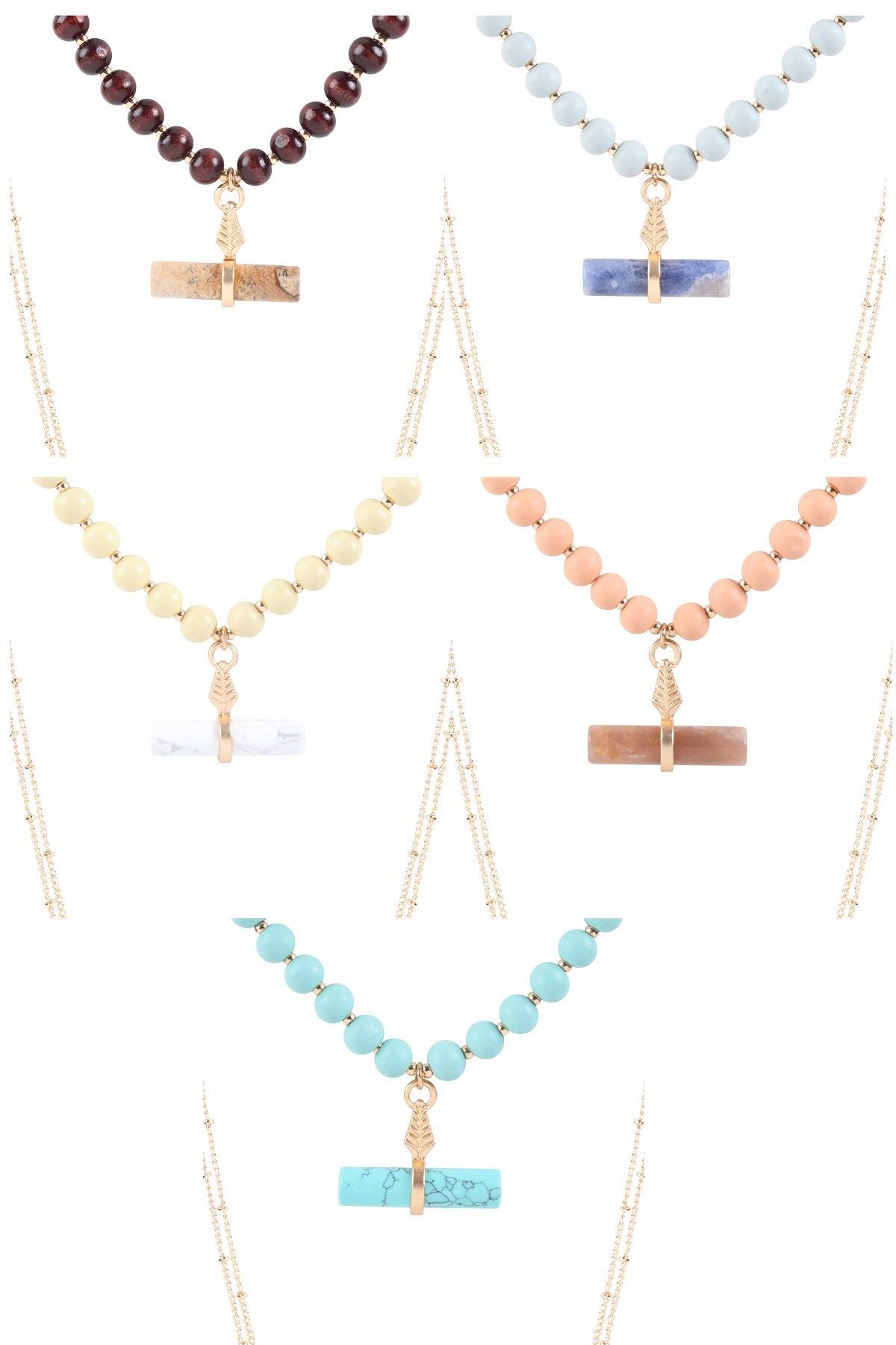 Natural Stone Pendant Necklace featuring wooden beads, showcasing a unique design with earthy tones.