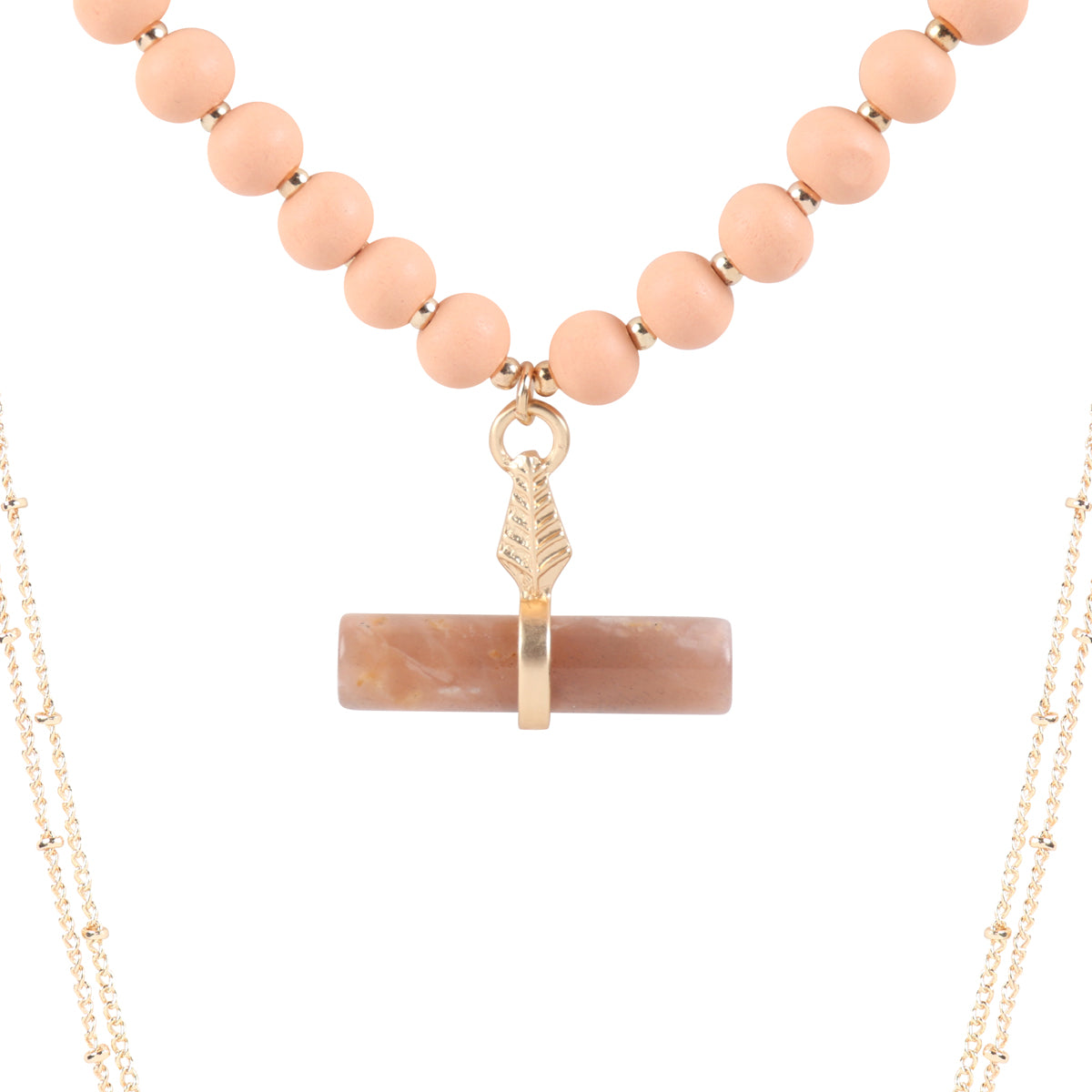 Natural Stone Pendant Necklace featuring wooden beads, showcasing a unique design with earthy tones.