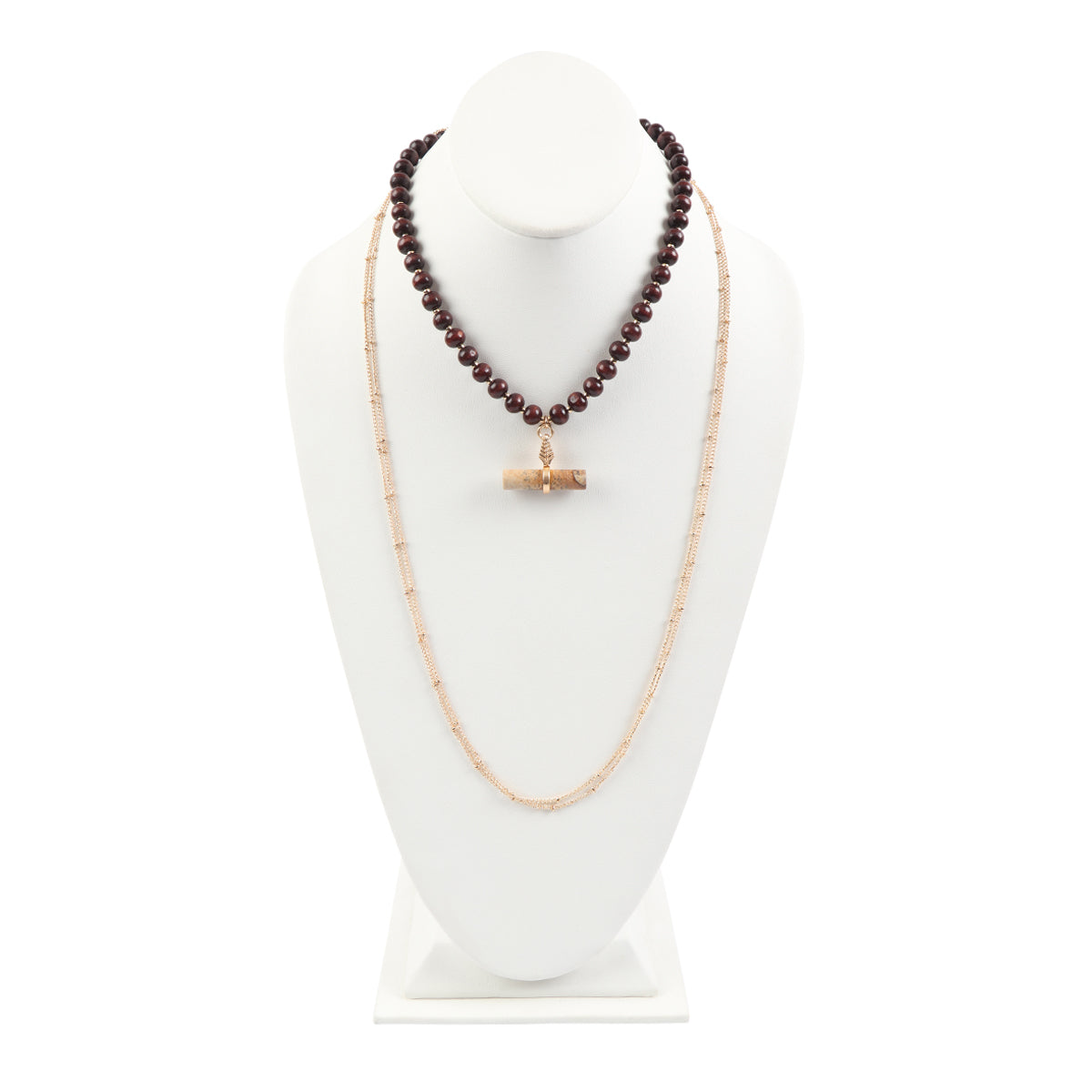 Natural Stone Pendant Necklace featuring wooden beads, showcasing a unique design with earthy tones.