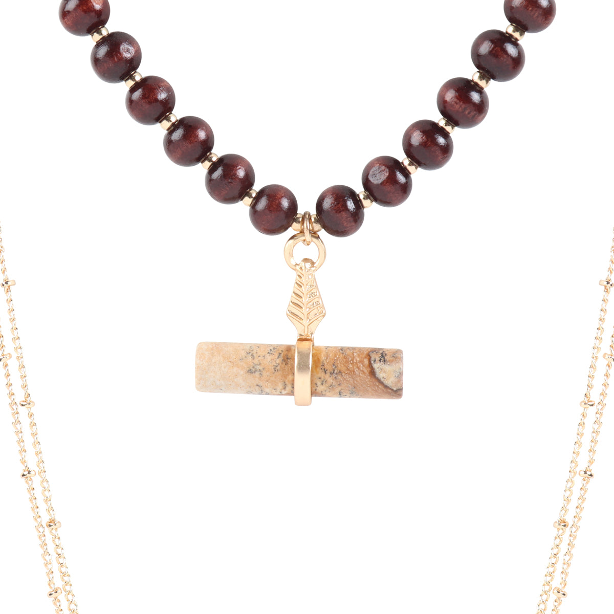 Natural Stone Pendant Necklace featuring wooden beads, showcasing a unique design with earthy tones.