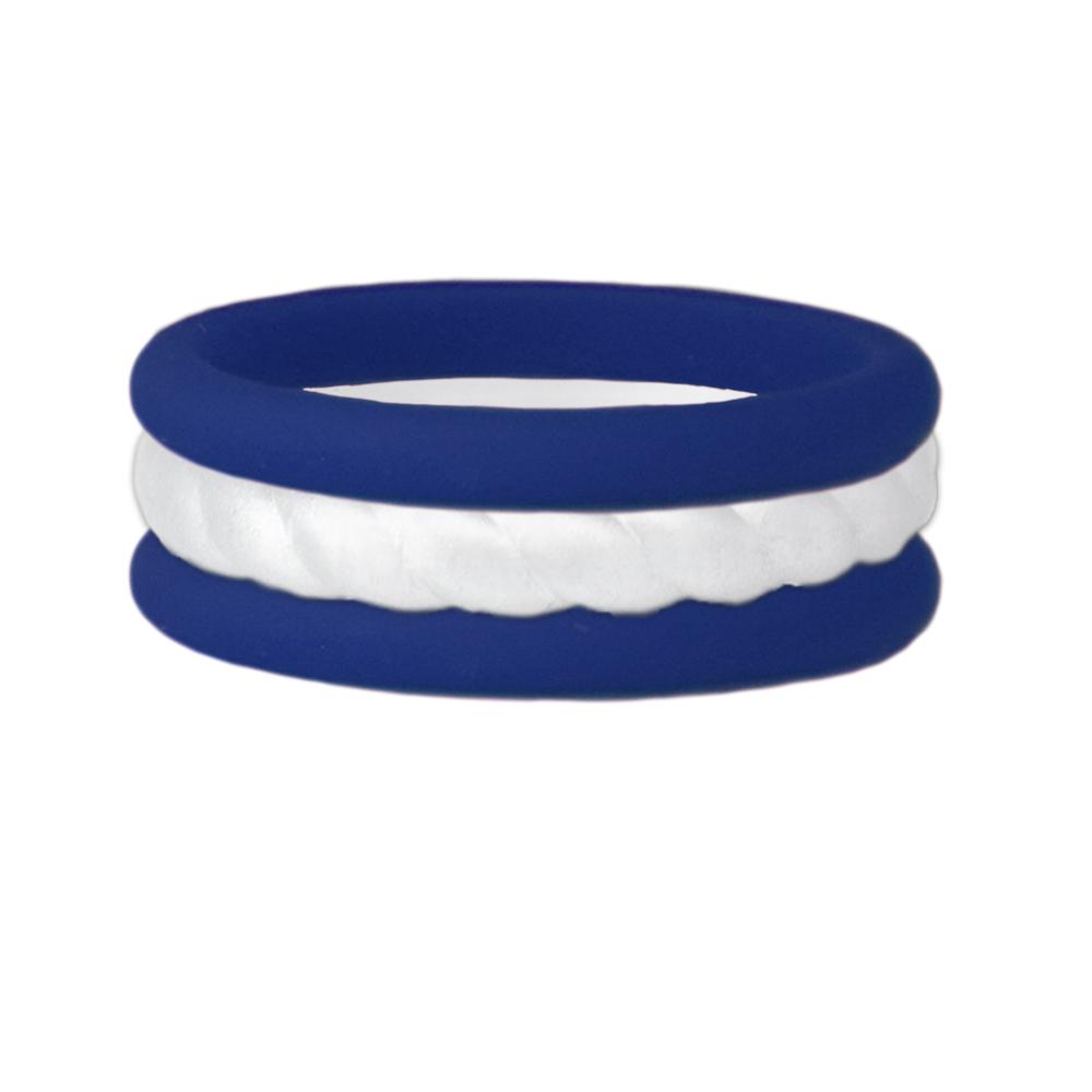 Navy and rope white stackable silicone ring displayed on a neutral background, showcasing its sleek design and color combination.