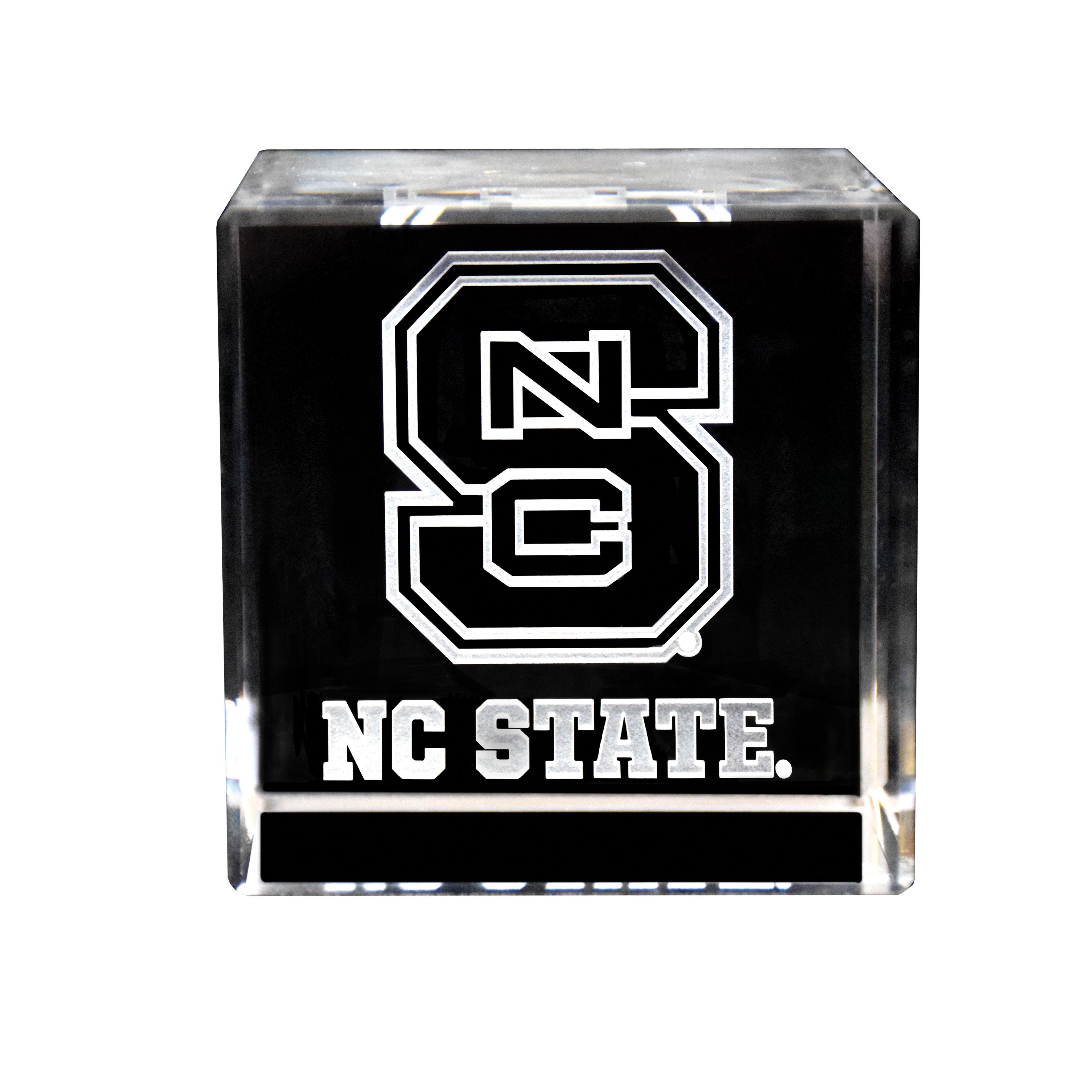 A beautifully crafted NC State Logo Crystal Cube showcasing the NC State logo inside a clear optical crystal cube.