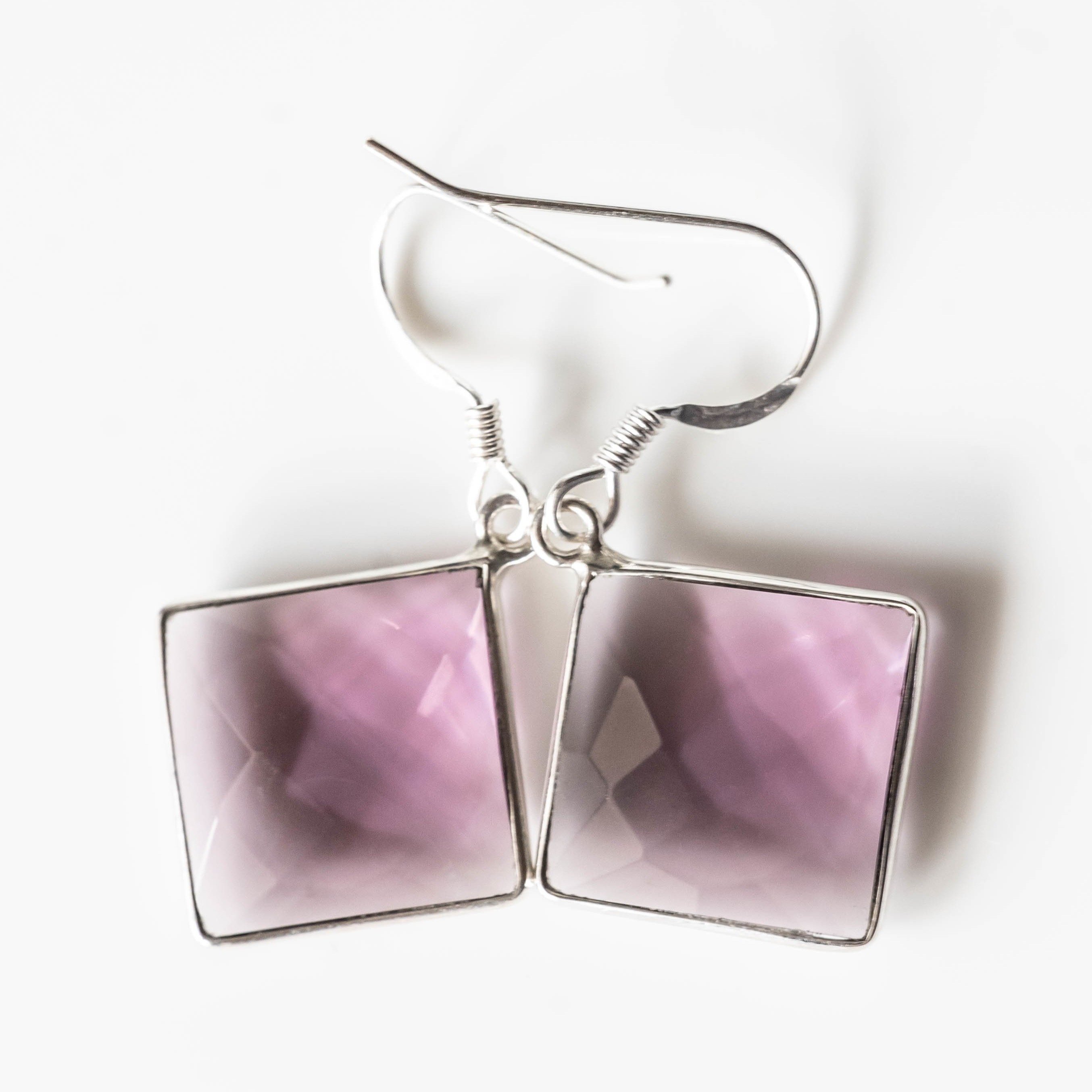 Nelly Amethyst Square Drop Earrings featuring purple amethyst stones set in 925 sterling silver with a modern square drop design.