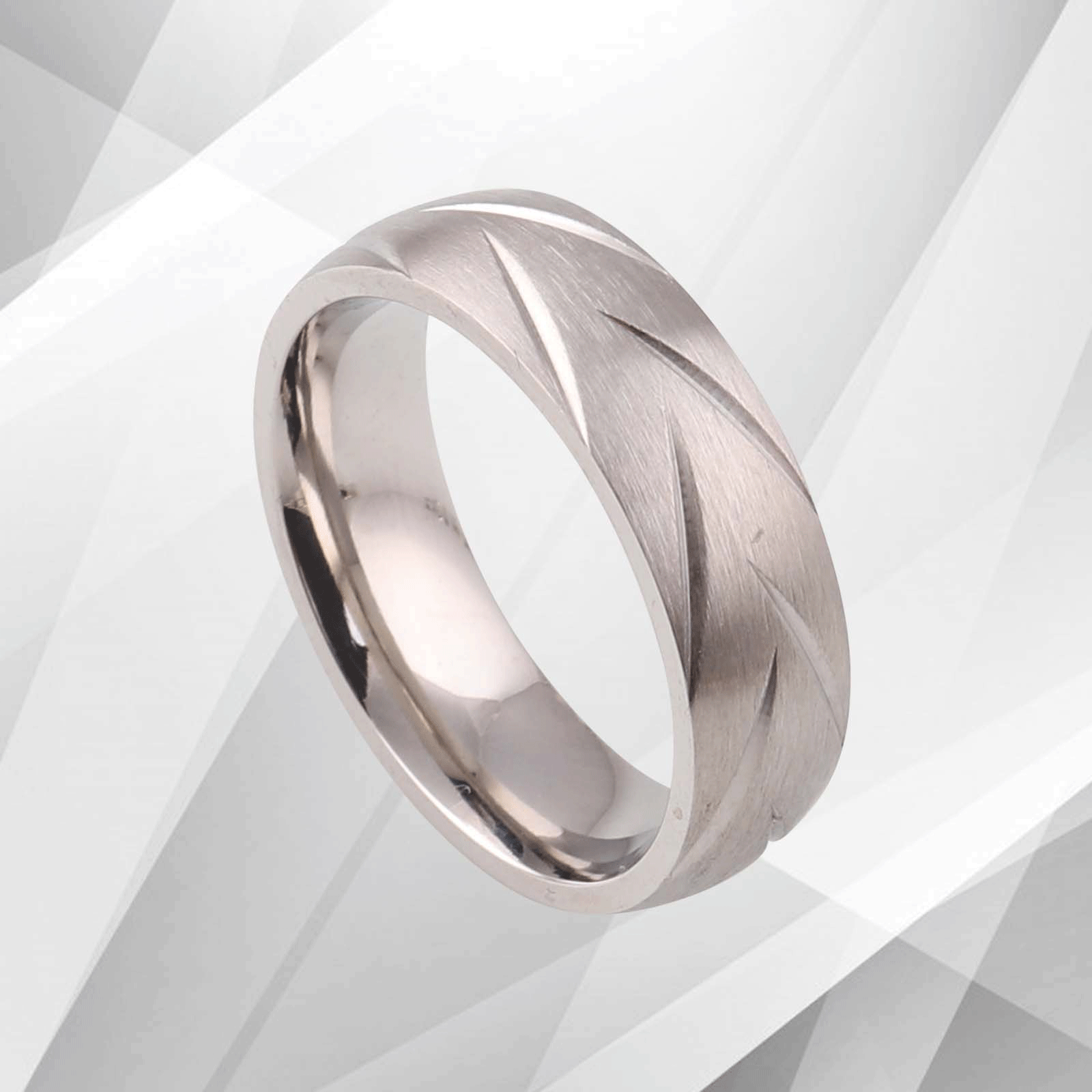 A contemporary 6mm titanium engagement wedding band ring with a brushed finish and 18Ct white gold interior, showcasing elegance and durability.