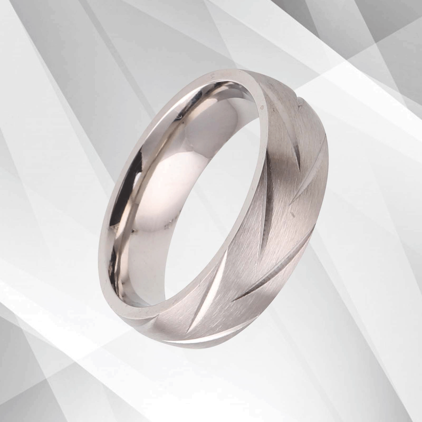 A contemporary 6mm titanium engagement wedding band ring with a brushed finish and 18Ct white gold interior, showcasing elegance and durability.