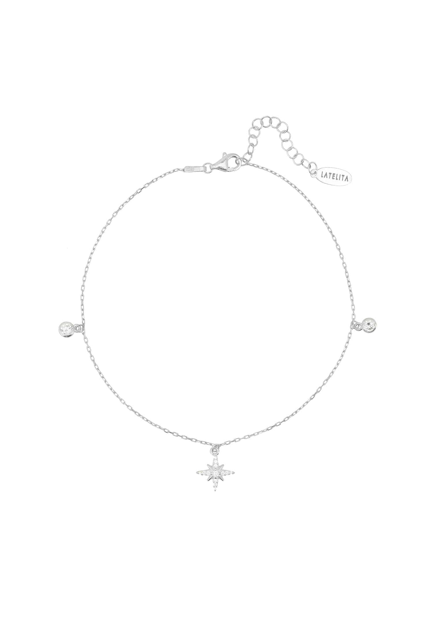 North Star Anklet Silver featuring delicate charms and sparkling zircon, crafted from 925 sterling silver.