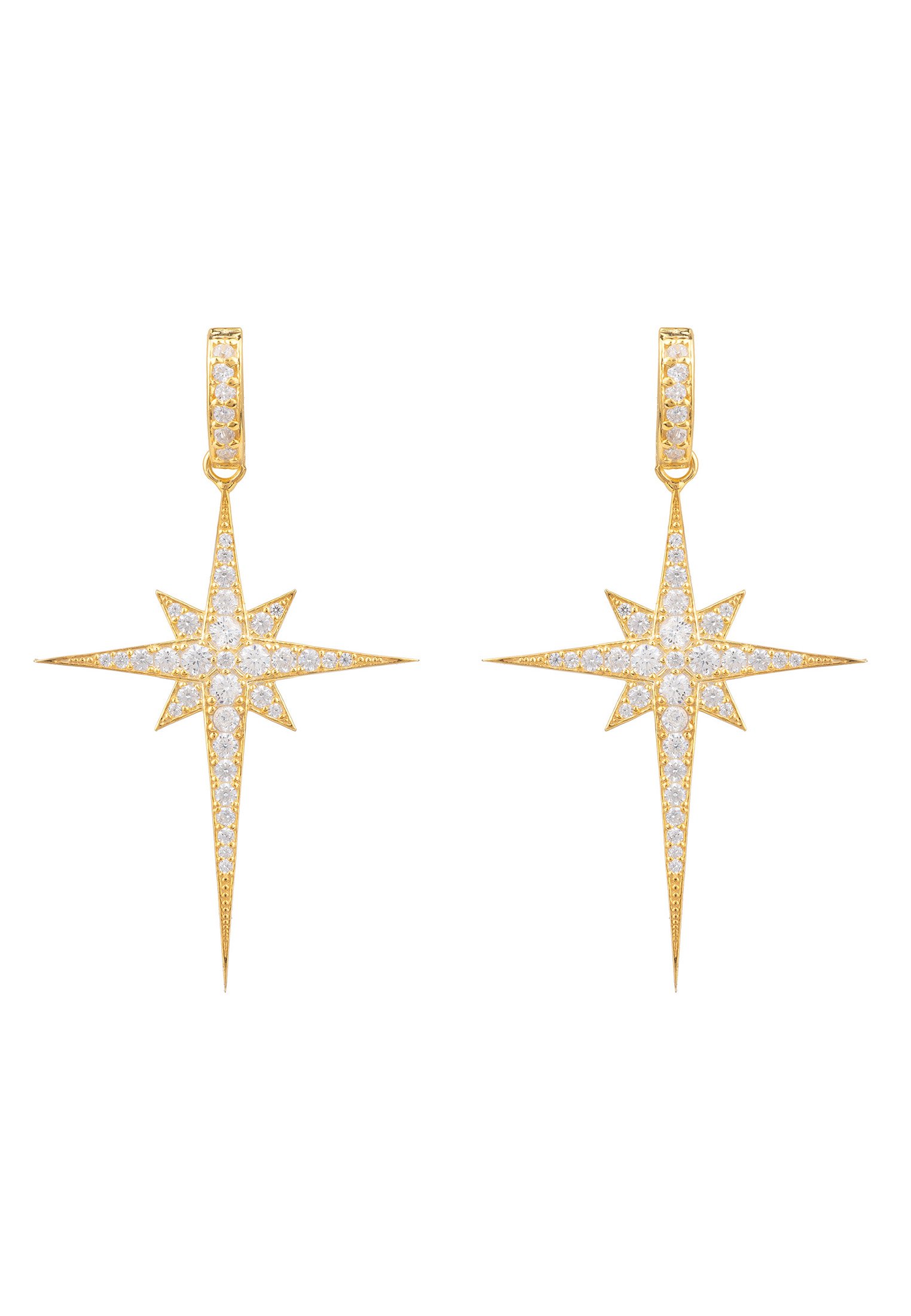 North Star Burst Large Drop Earrings in Gold featuring a star burst design with white zirconia, crafted from sterling silver and gold.