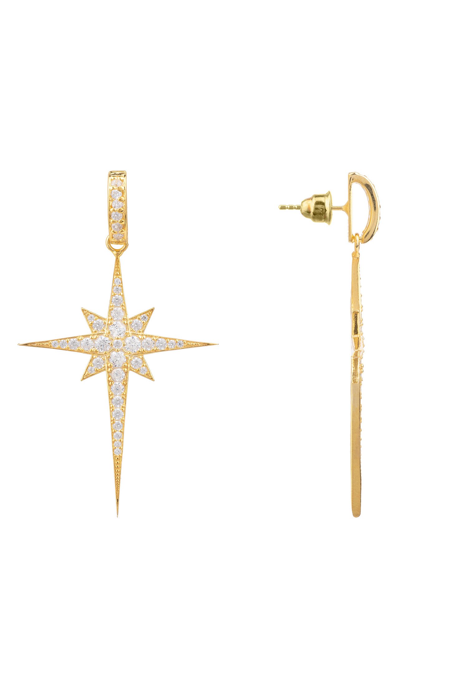 North Star Burst Large Drop Earrings in Gold featuring a star burst design with white zirconia, crafted from sterling silver and gold.