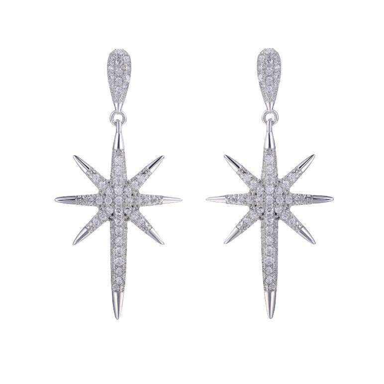 Elegant North Star Dangle Earrings featuring gold plating and sparkling white diamond cubic zirconia stones.