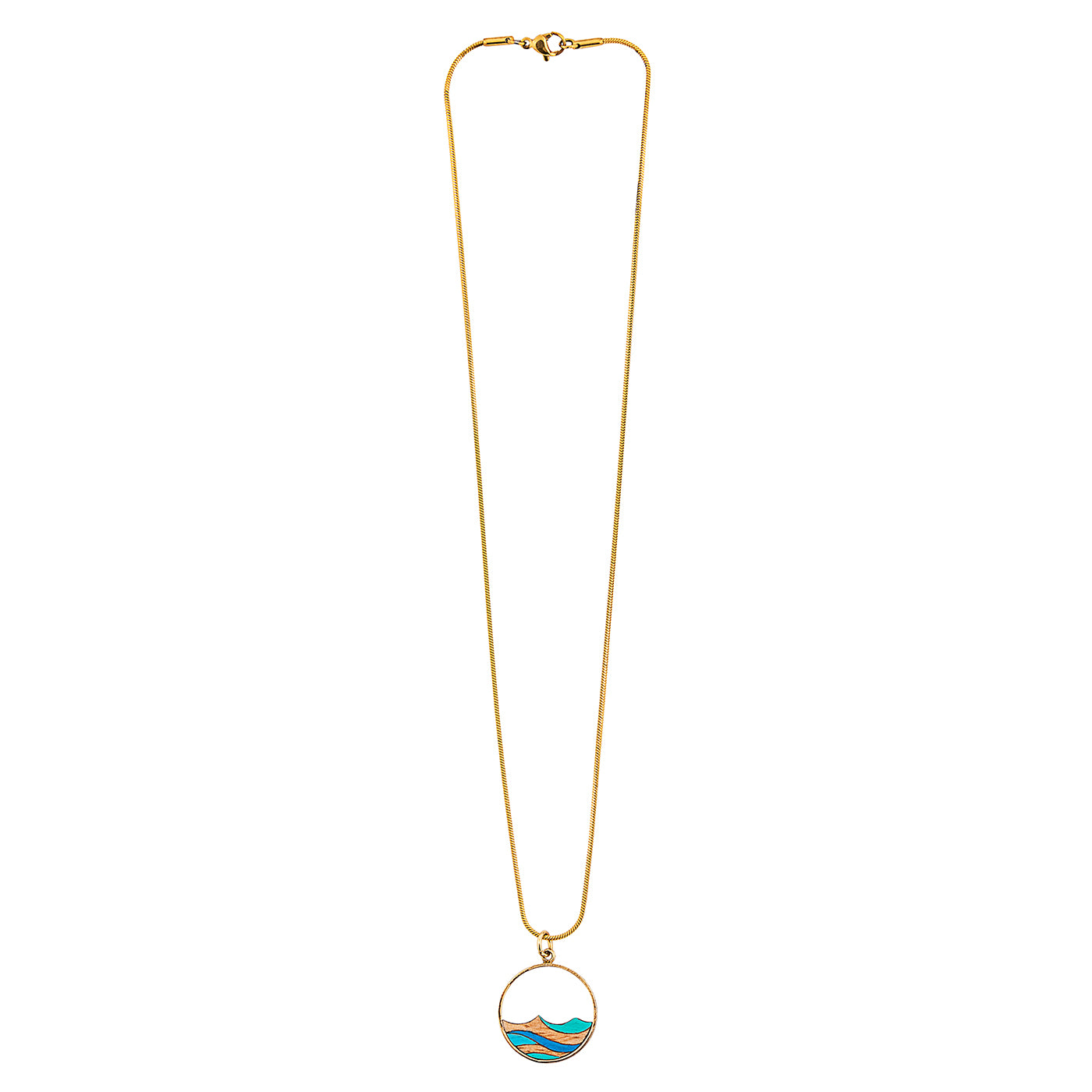 Ocean Recycled Wood Gold Necklace featuring a unique wooden pendant and 24K gold plated chain, elegantly displayed in a luxury gift box.