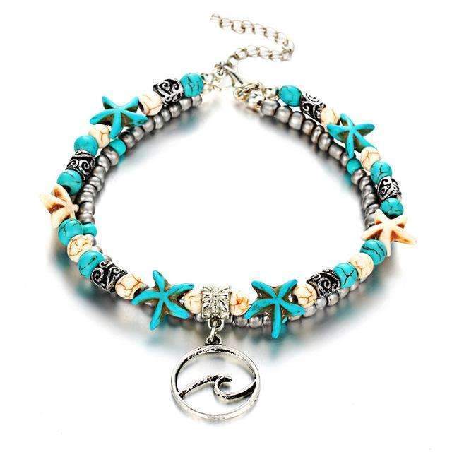 Ocean Theme Double Layer Anklet featuring a starfish pendant, adjustable length, and high-quality zinc alloy material.