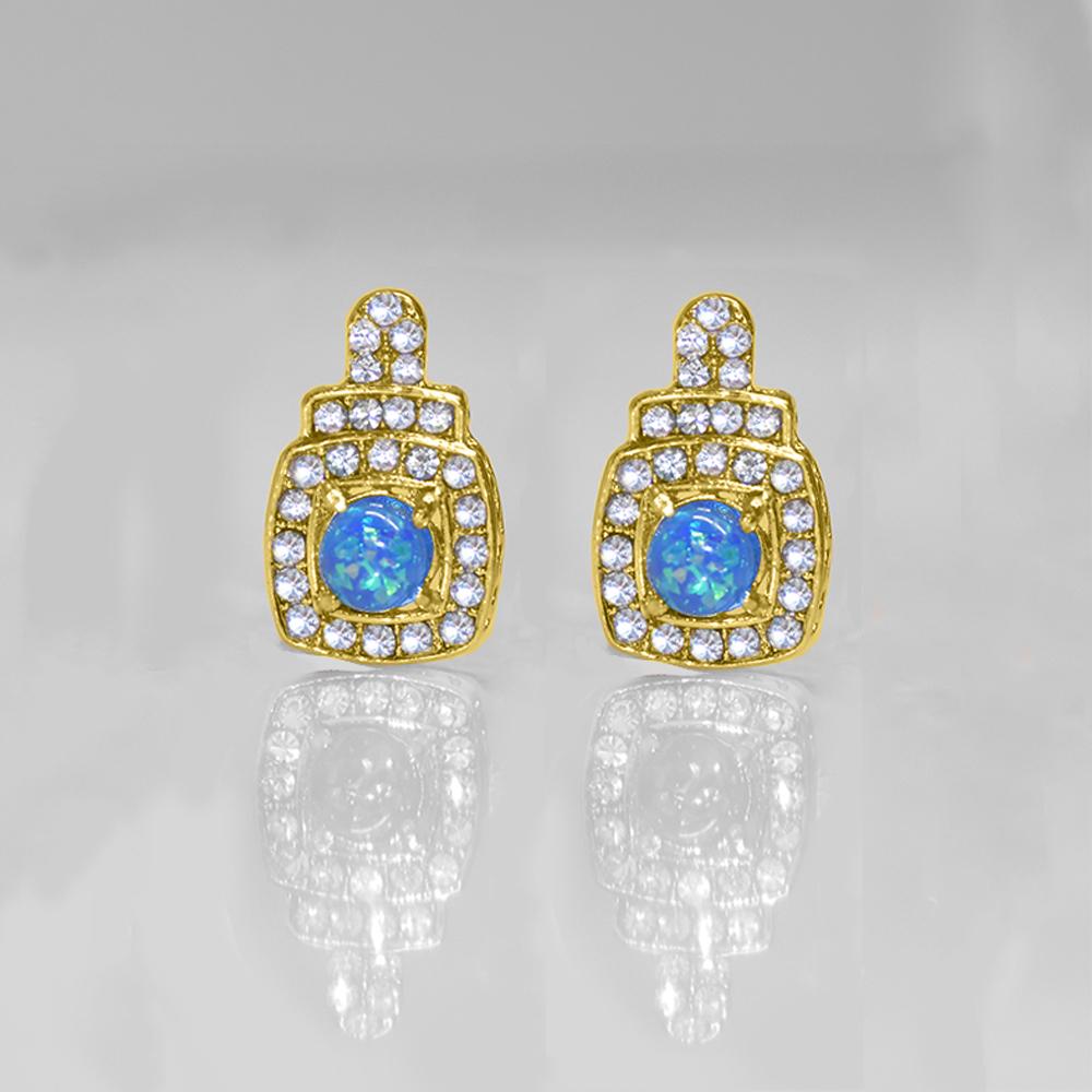 Elegant Oceanic Opal Double Halo Stud Earrings featuring blue opal stones and 18K gold plating, available in gold, rose gold, and silver.