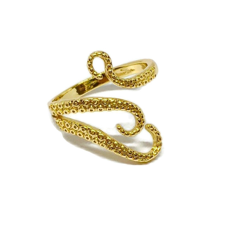 A beautifully crafted Octopus Tentacle Wraparound Ring made from 18ct gold and sterling silver plated steel alloy, showcasing intricate tentacle details.