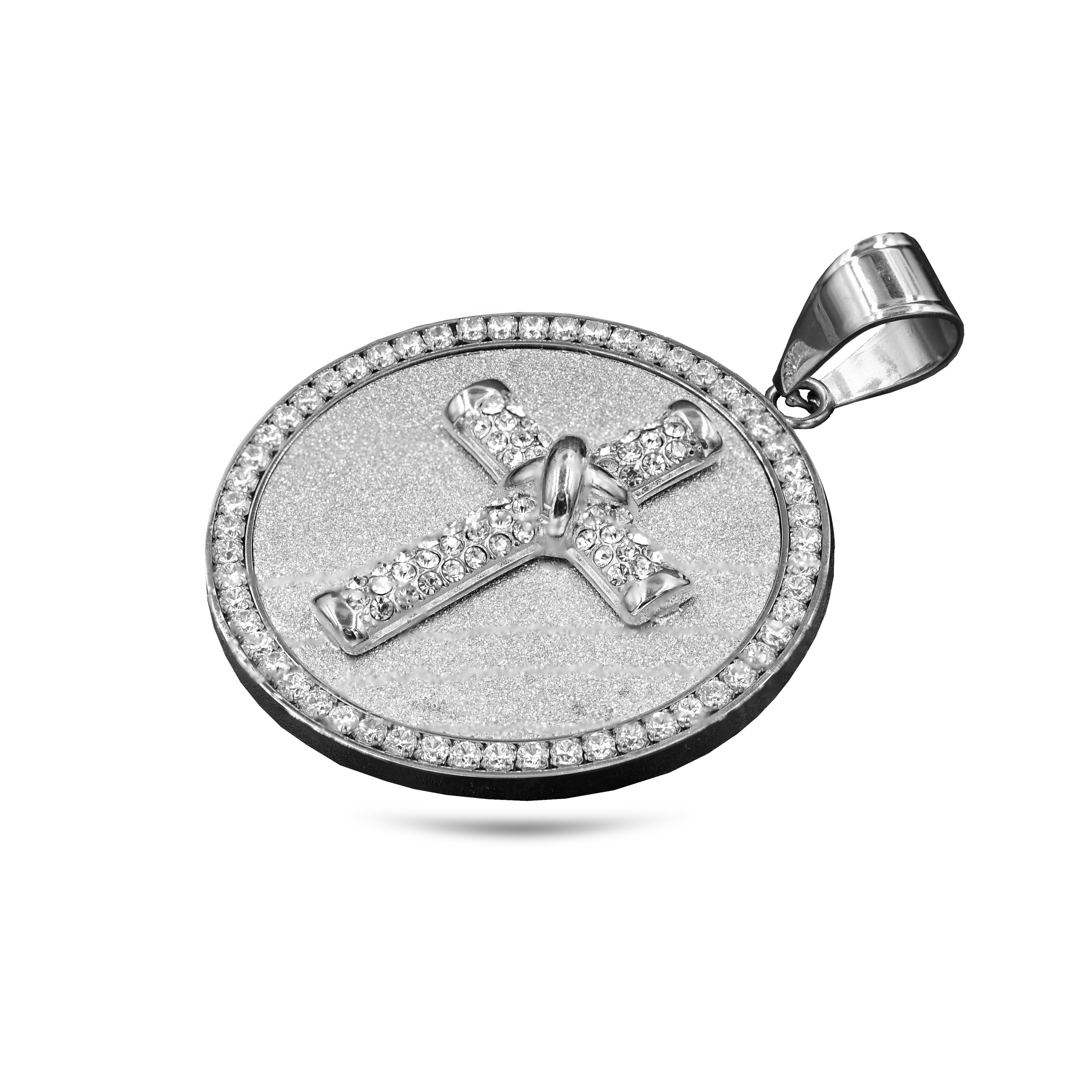 ODELAM Steel Pendant featuring a holy cross design, made of stainless steel with cubic zirconia accents, elegantly packaged.