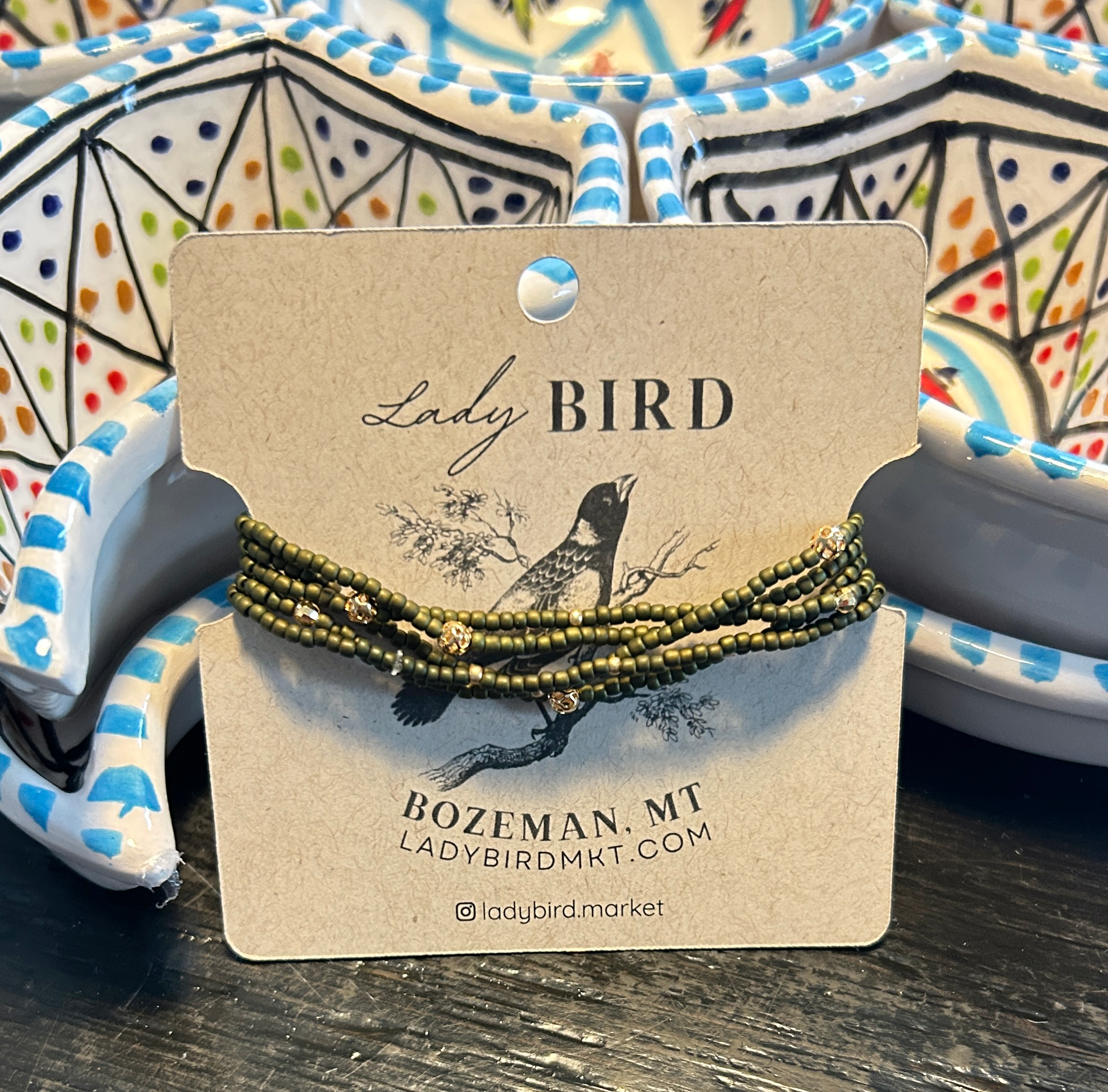 Olive green and gold or silver sprinkled beaded boho wrap bracelet, showcasing Czech glass seed beads and metallic accents.