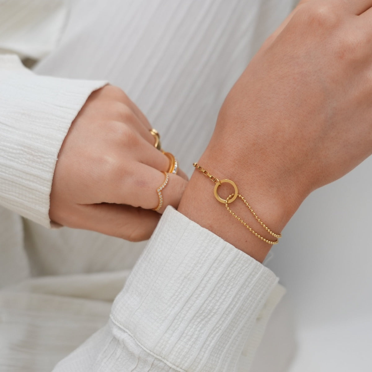 Omaima bracelet featuring 3 layers of premium plating and 316L stainless steel, adjustable length with extender.