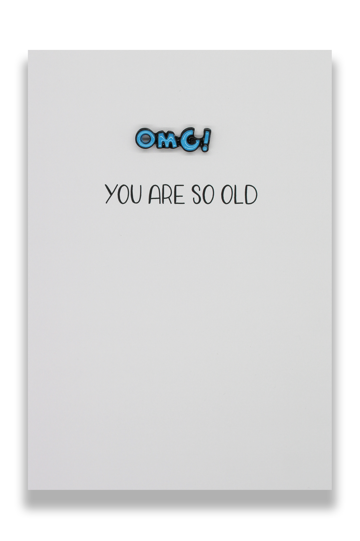 OMG SO OLD WishStrings Greeting Card featuring a detachable enamel pin badge, A6 size with envelope, beautifully packaged.