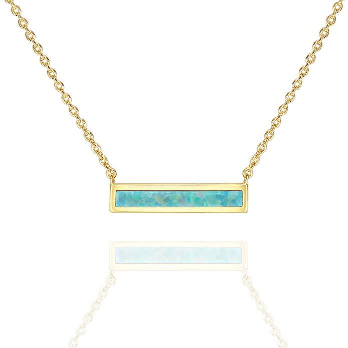 Opal Created Bar Necklace in 18K gold plating, featuring a genuine opal gemstone and a 2-inch extender for adjustable length.
