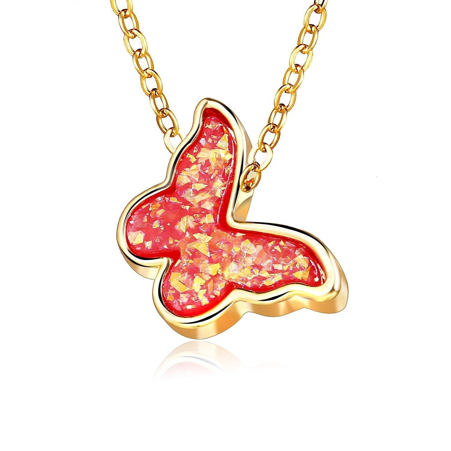 Opal Created Butterfly-Red 18K Gold Plated Necklace featuring a delicate butterfly design on a link chain.