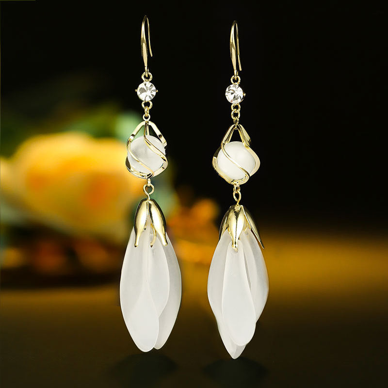 Opal White Flower Petals Earrings featuring delicate flower petal design with rhinestone accents, crafted from S925 alloy.