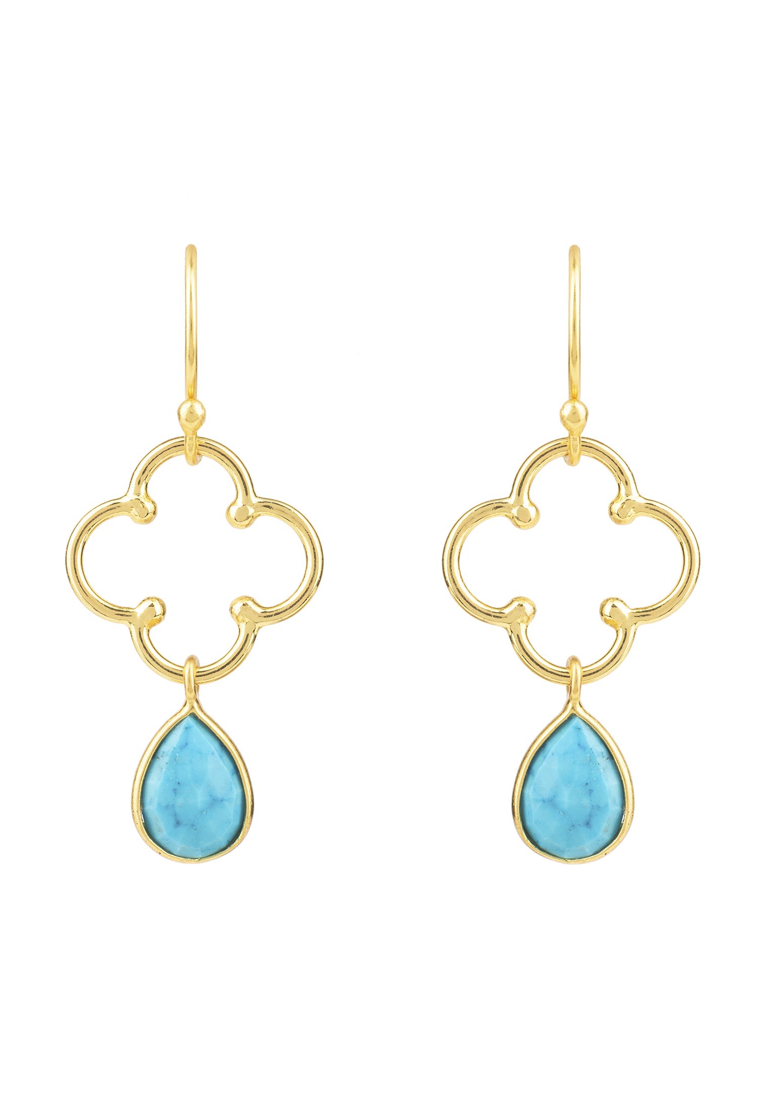 Open Clover Gemstone Drop Earrings featuring turquoise gemstone and 22ct gold accents, elegantly designed for statement wear.