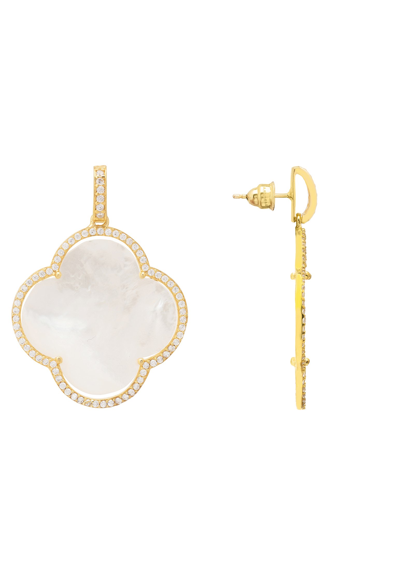 Open Clover Large Mother Of Pearl Gemstone Earrings in Gold, featuring a clover design with white mother of pearl and sparkling cubic zirconia.