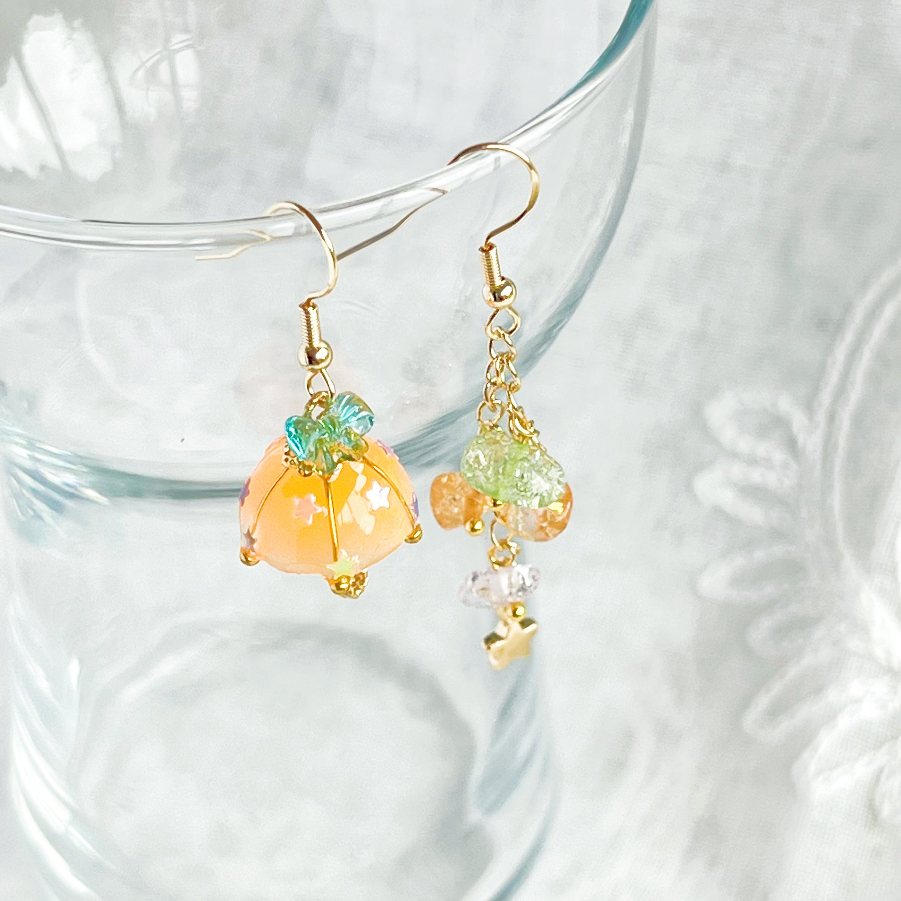 Colorful Orange with Blue Bow Umbrella earrings featuring rainbow stones, handmade with gold plated sterling silver ear wires.