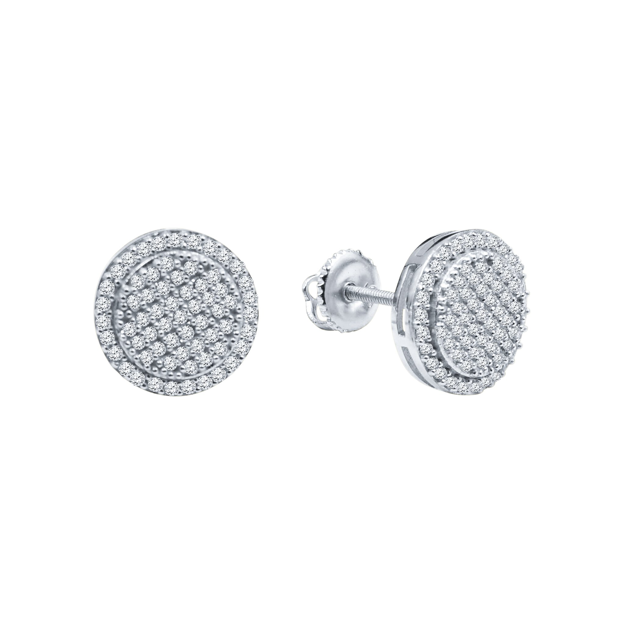 A pair of ORBICULAR screw back earrings featuring sparkling cubic zircon stones set in brass copper metal, elegantly designed for any occasion.