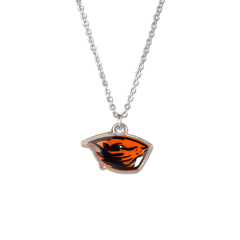 Oregon State Fan Necklace featuring a silver pendant with the Oregon State University logo on an adjustable chain.