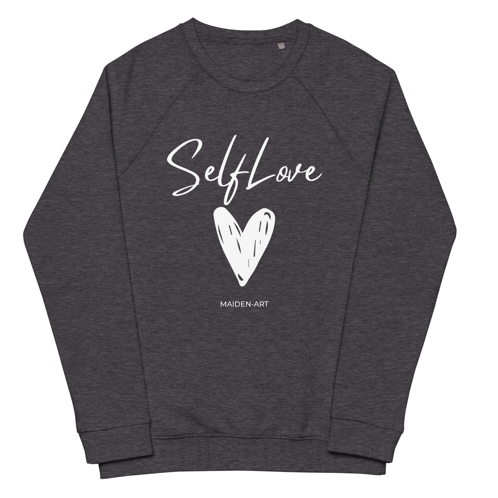 Unisex organic raglan sweatshirt in charcoal melange with brushed fleece lining, showcasing its soft texture and stylish design.