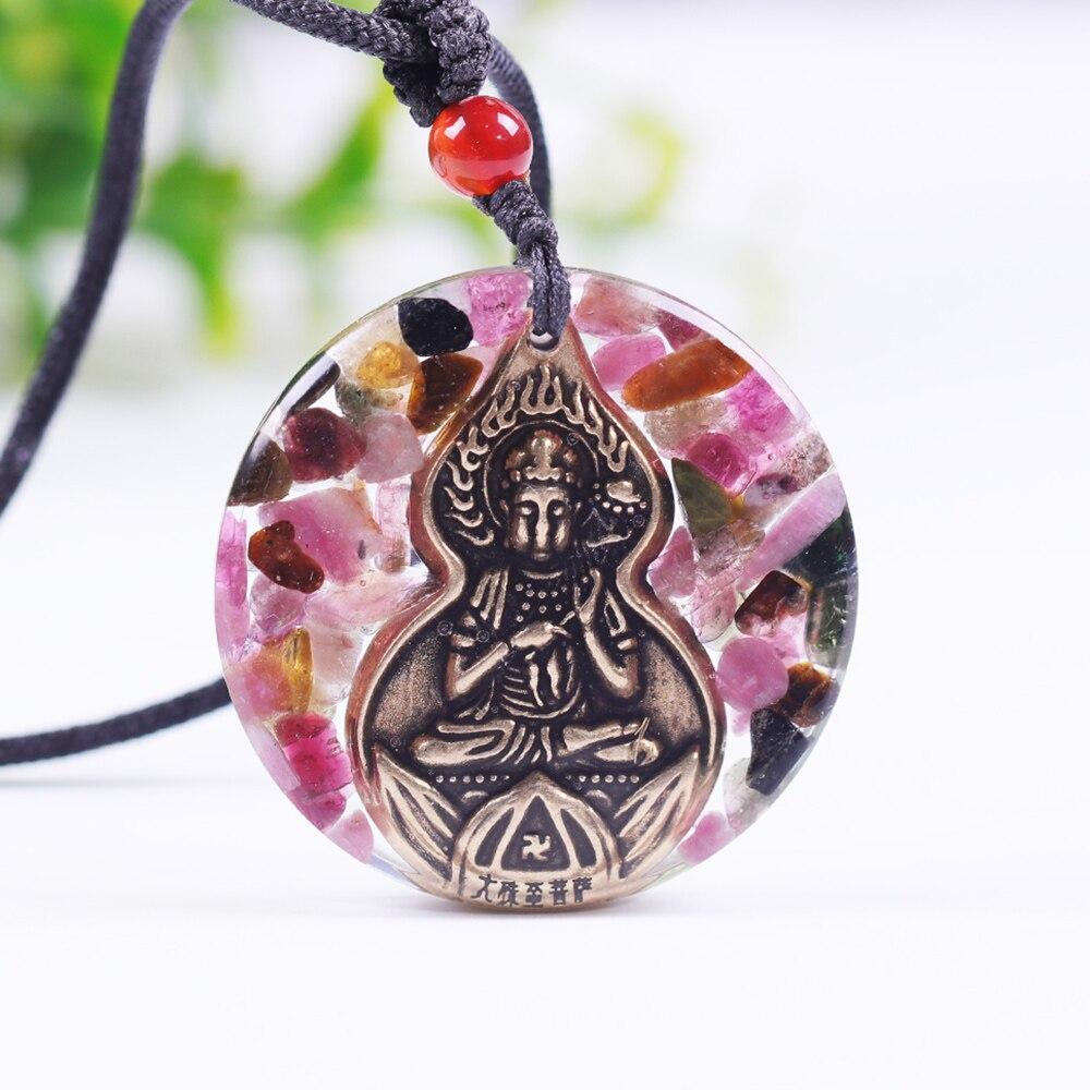 Orgone Pendant Buddha Energy Generator Necklace featuring tourmaline and geometric design, perfect for EMF protection and meditation.