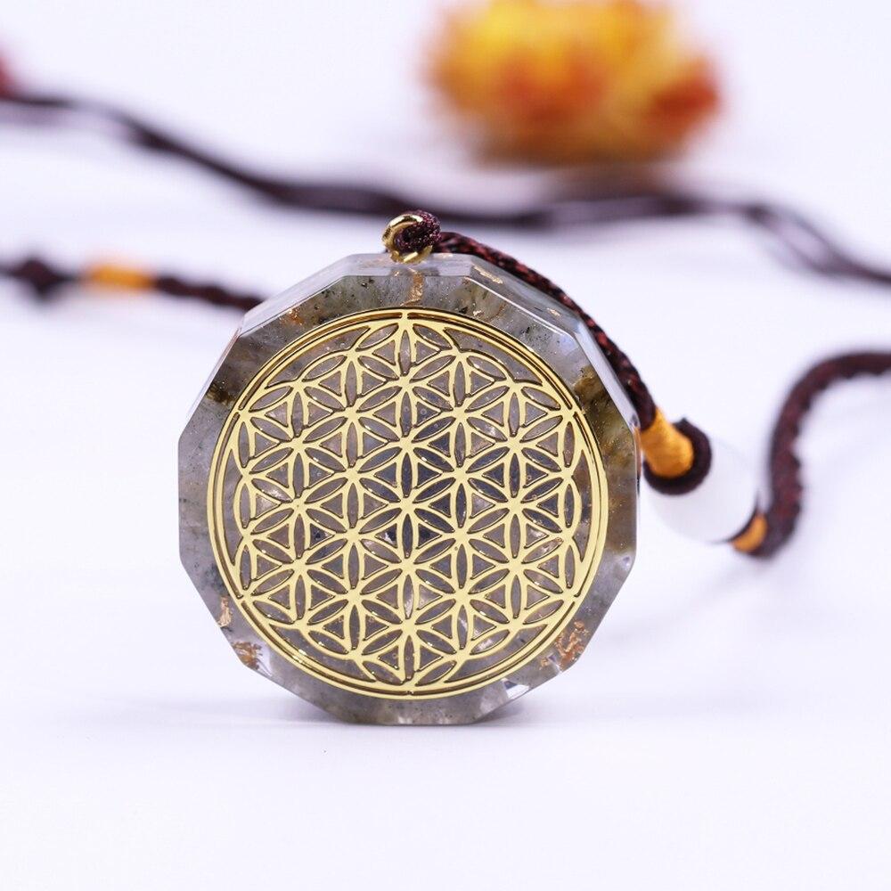 Orgone Pendant Energy Generator featuring labradorite and orgonite, geometric design on a rope chain, ideal for chakra healing and meditation.