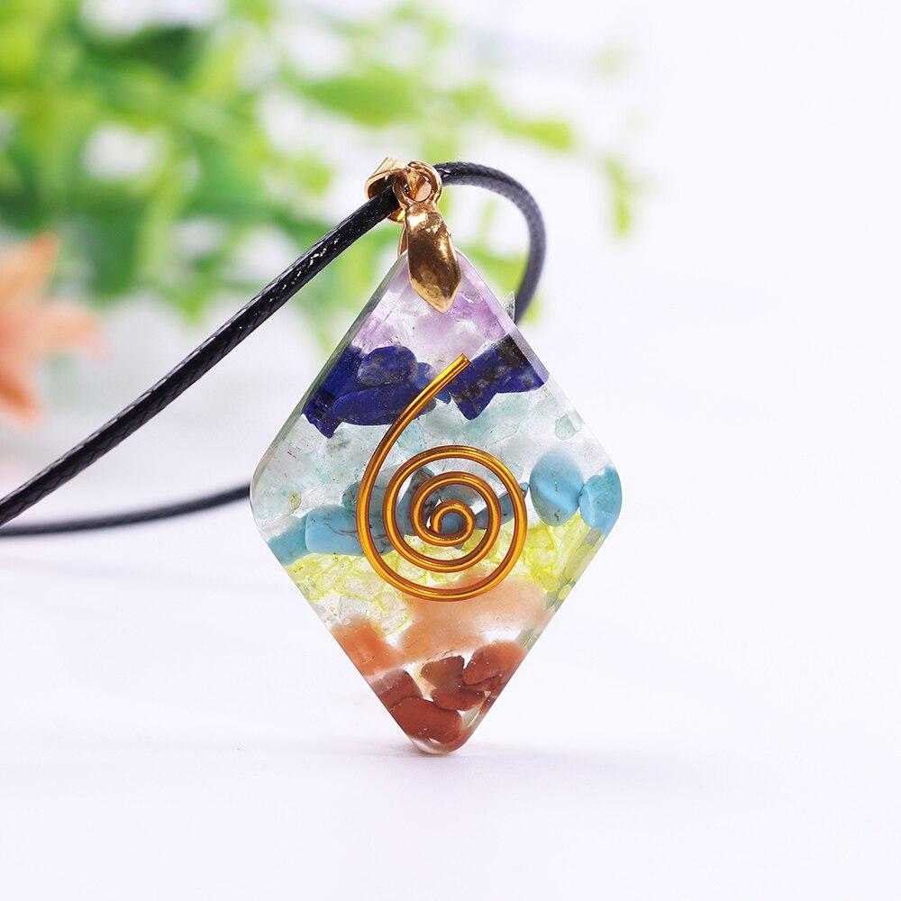 Orgone Stone Sweater Chain Necklace featuring 7 chakra gemstones in a geometric pendant design, perfect for Reiki healing and meditation.