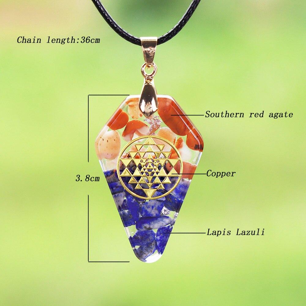 A beautifully crafted Orgonite Pendant featuring the Sri Yantra design, made from resin, southern red agate, lapis lazuli, and copper, hanging on a trendy rope chain.