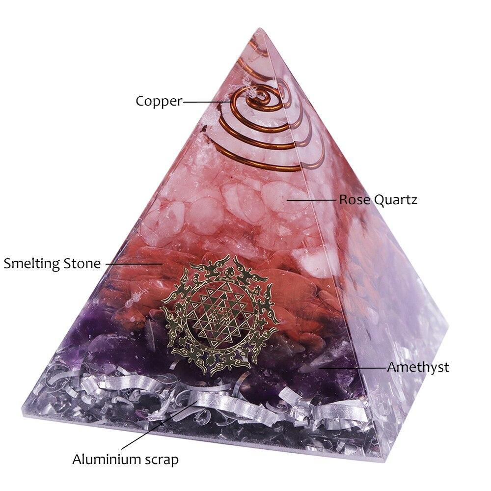A beautifully crafted Orgonite Pyramid featuring amethyst, rose quartz, and copper, designed for positive energy and EMF protection.