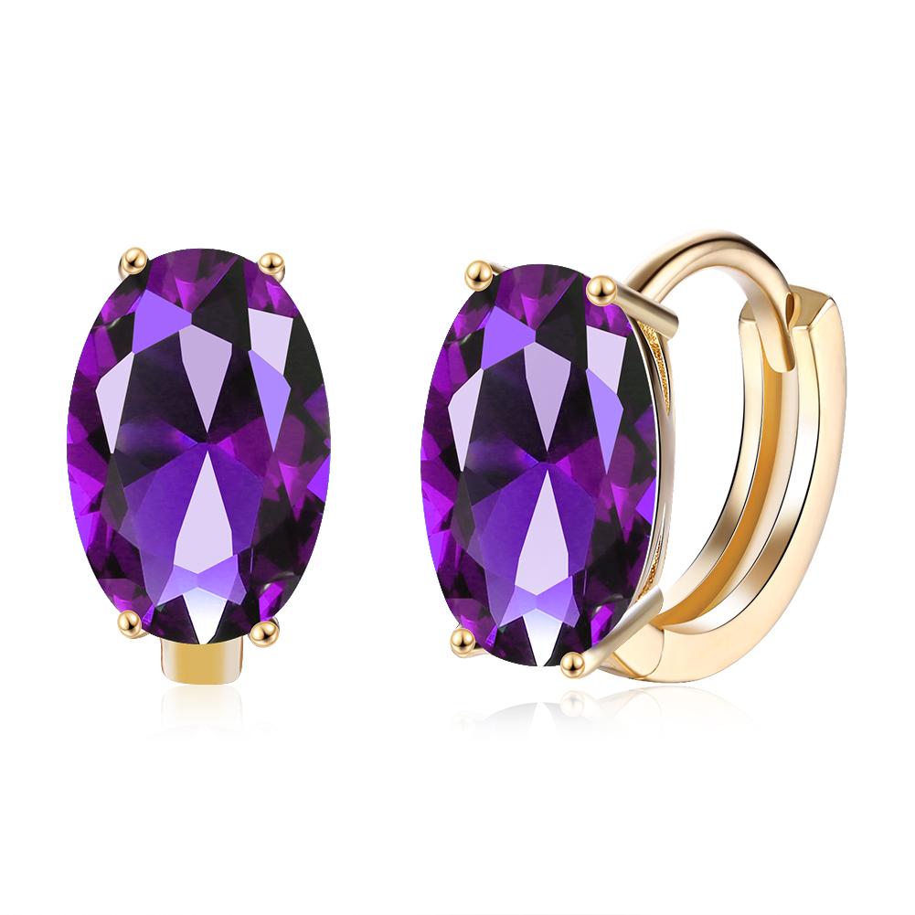 Elegant oval cut purple clip-on earrings in 14K gold, featuring certified crystals and a hypoallergenic design.