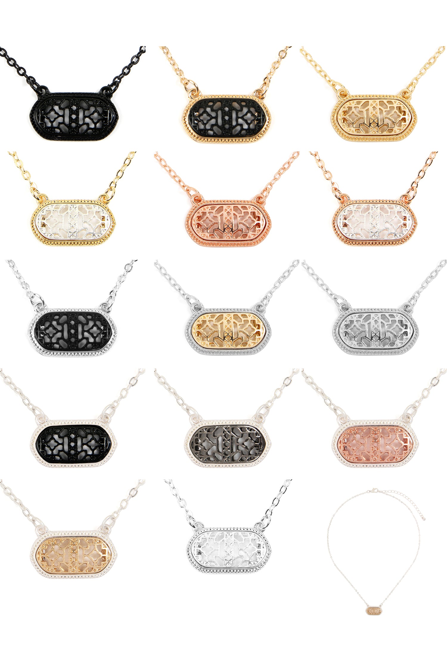 Oval Shape Filigree Necklaces and Earrings Set in various colors, showcasing intricate filigree design and elegant style.