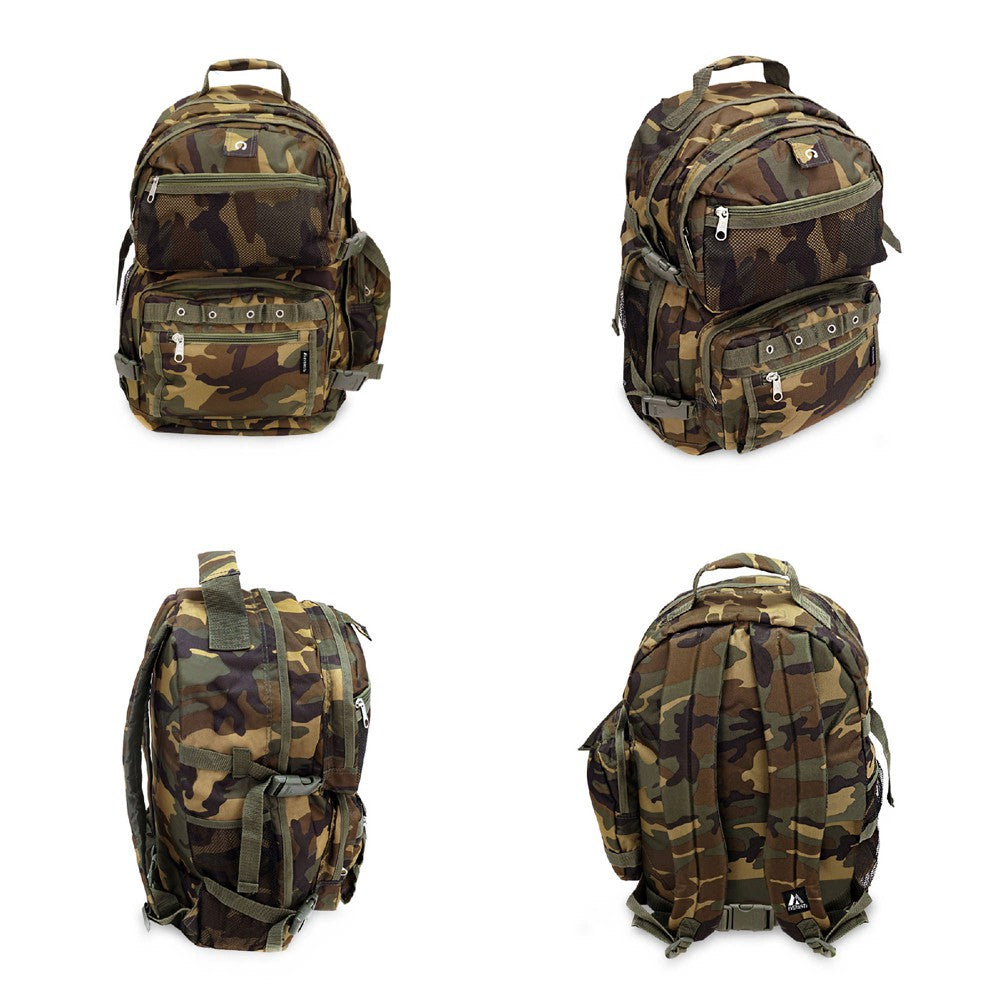 Oversize Woodland Camo Backpack featuring multiple pockets and compression straps, ideal for outdoor adventures.