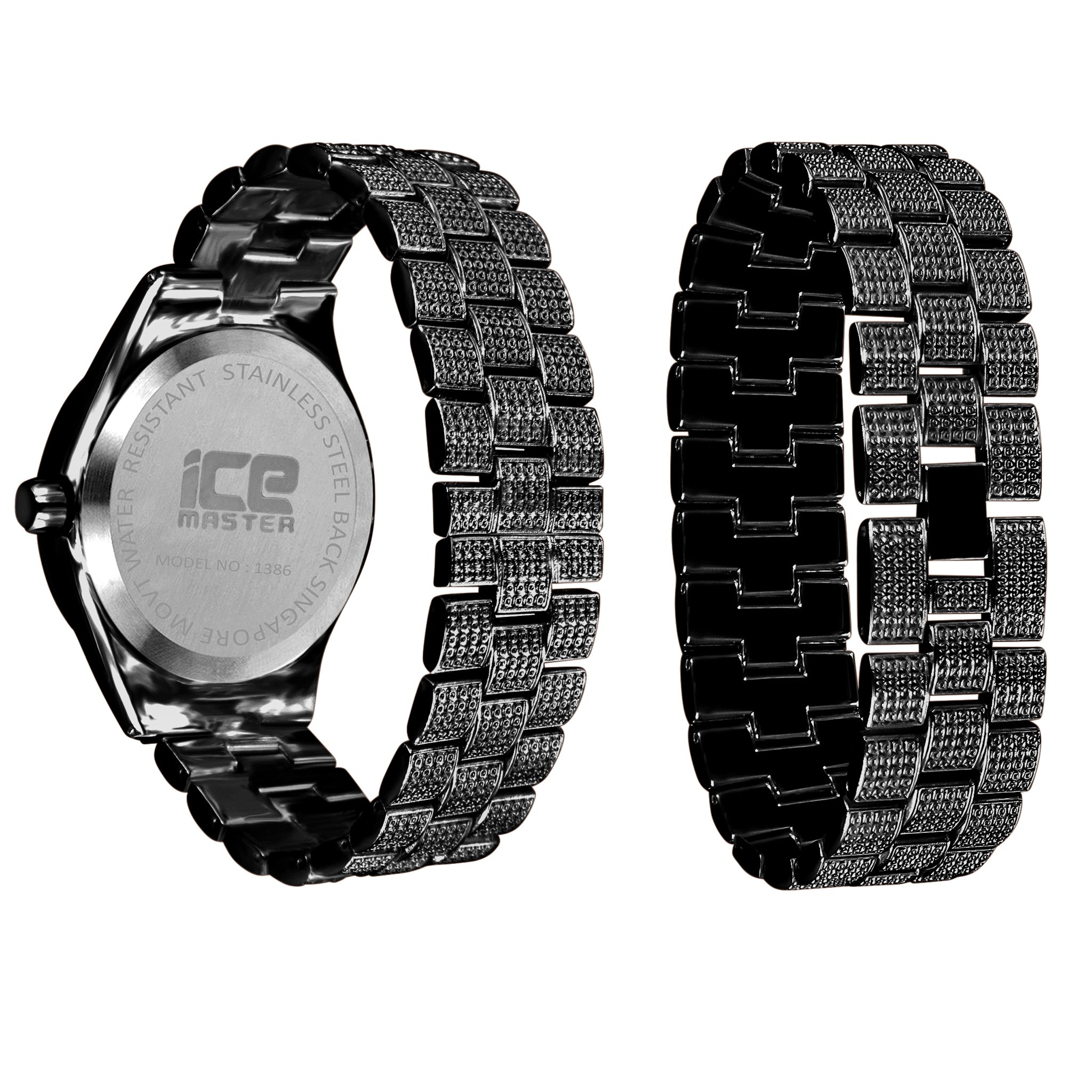 PANTHEON Ice Master Watch Set featuring a luxurious iced out design with rhinestone crystals and a dome-shaped crystal face.