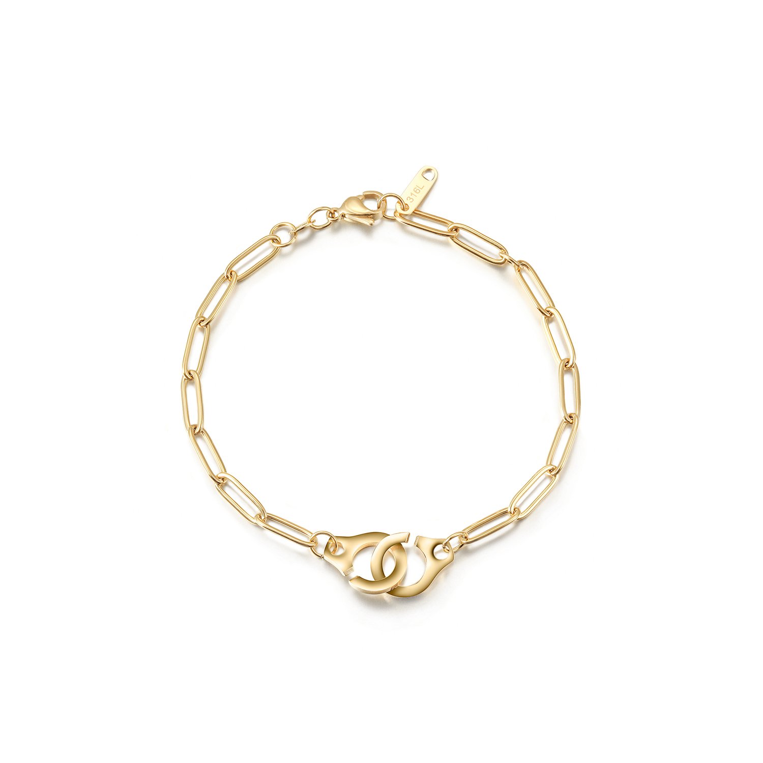 A stylish Paper Clip Link Bracelet made of 316L surgical stainless steel with a 14K gold PVD plated finish, showcasing its elegant design.