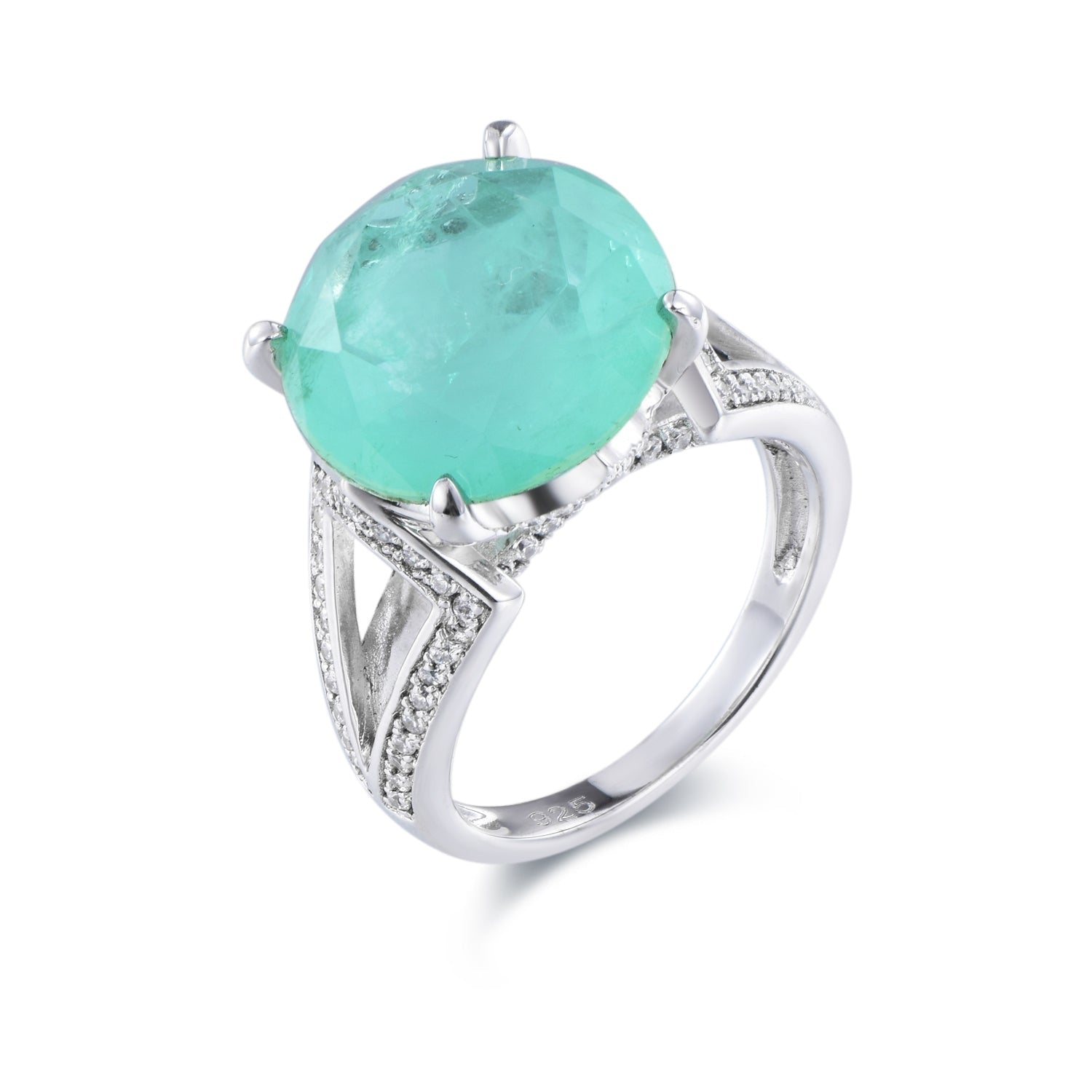 Elegant Paraiba tourmaline ring in 925 sterling silver with white gold finish, featuring a vibrant sea blue oval stone.