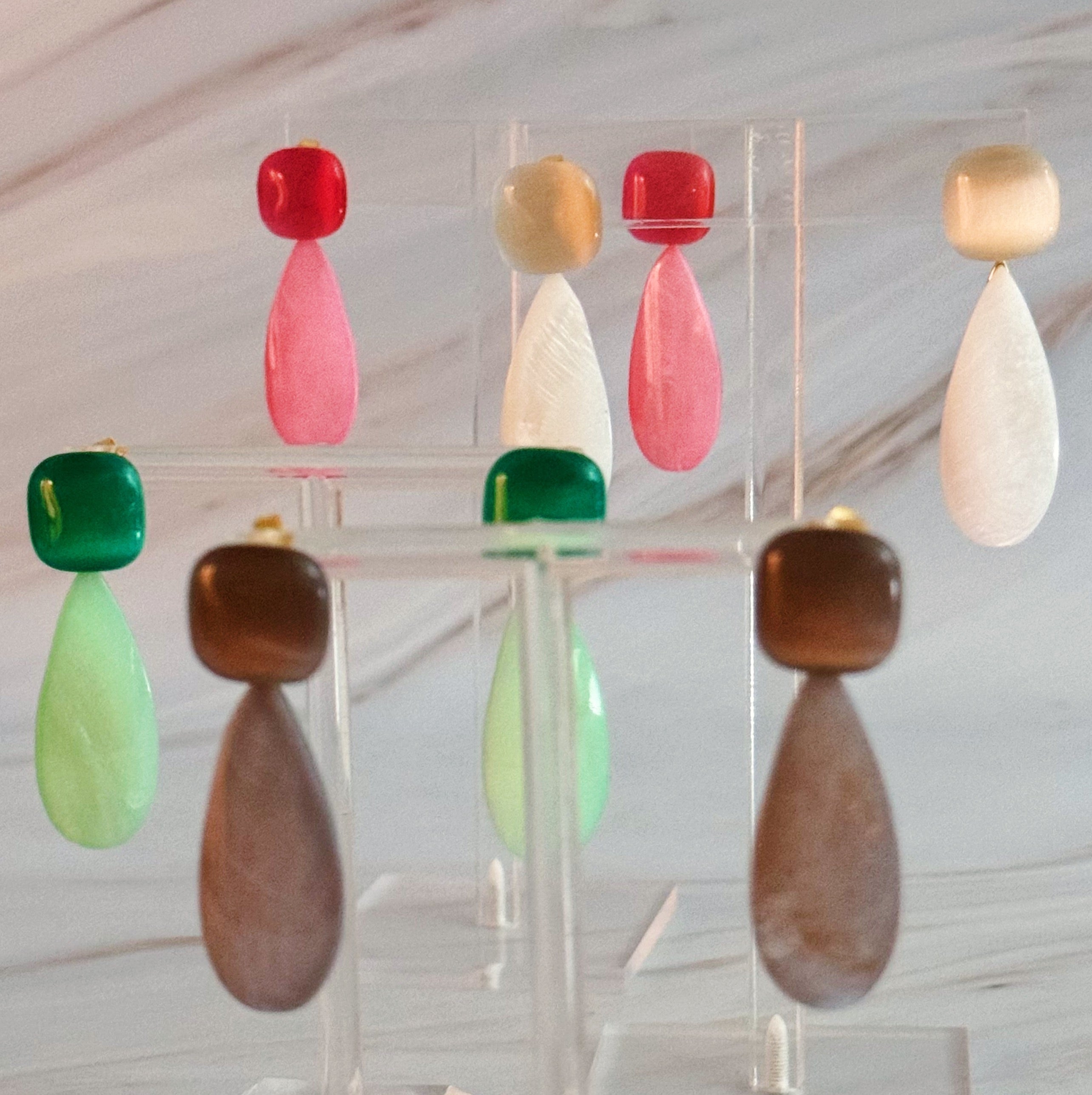 Pastel Breeze Double Stone Earrings featuring two uniquely colored stones and 18k gold plated brass design.