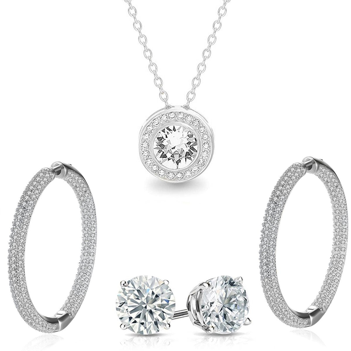 Elegant Pave Halo Disc Necklace and Pave Hoop Earring set featuring sparkling Austrian crystals, beautifully presented in a luxe gift box.