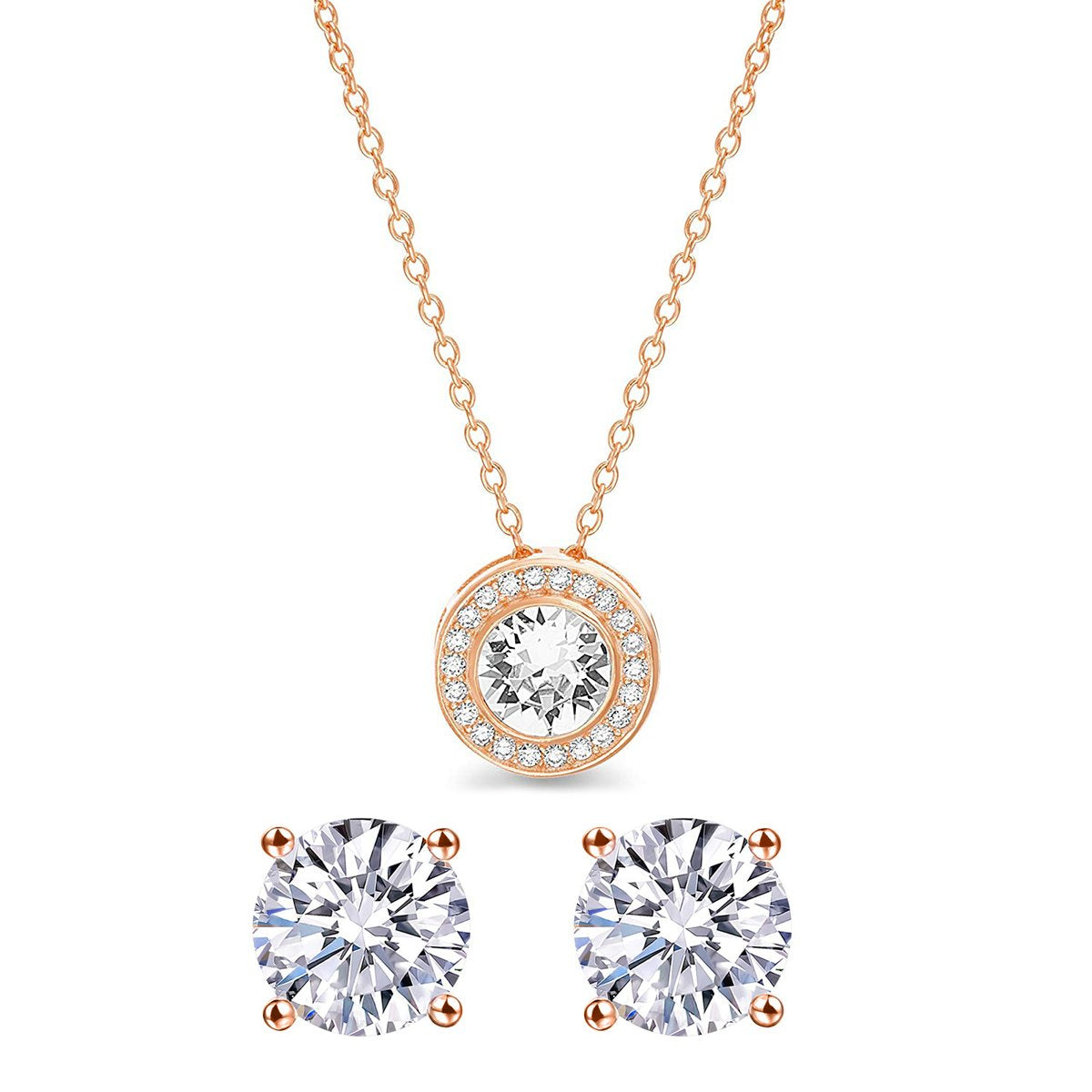 Pave Halo Disc Necklace and Stud Earring set featuring Austrian crystals in a luxe gift box, showcasing elegant rose gold plating.