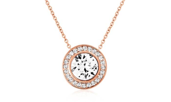 Pave Halo Disc Necklace and Stud Earring set featuring Austrian crystals in a luxe gift box, showcasing elegant rose gold plating.