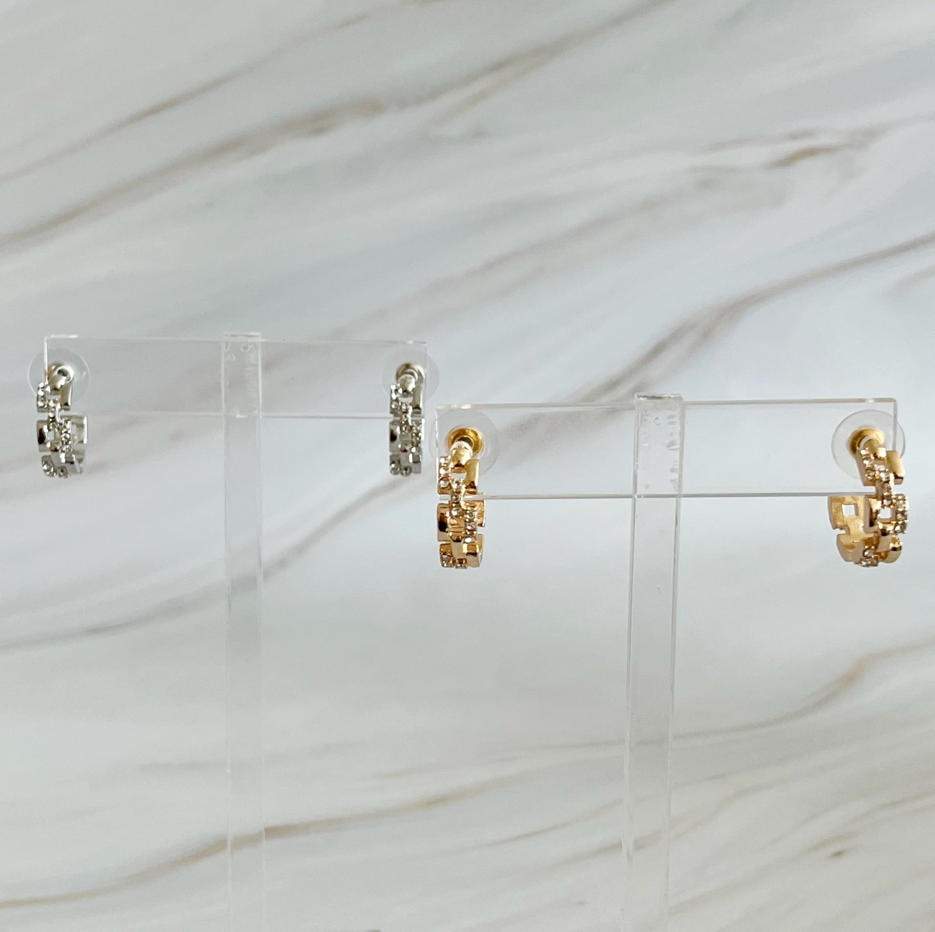 Elegant Pave Huggie Hoop Earrings with sparkling pave detailing, designed for comfort and style.