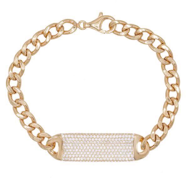Pave ID Link Curb Chain Bracelet in 18K Rose Gold Plated, showcasing its elegant design and lobster clasp closure.