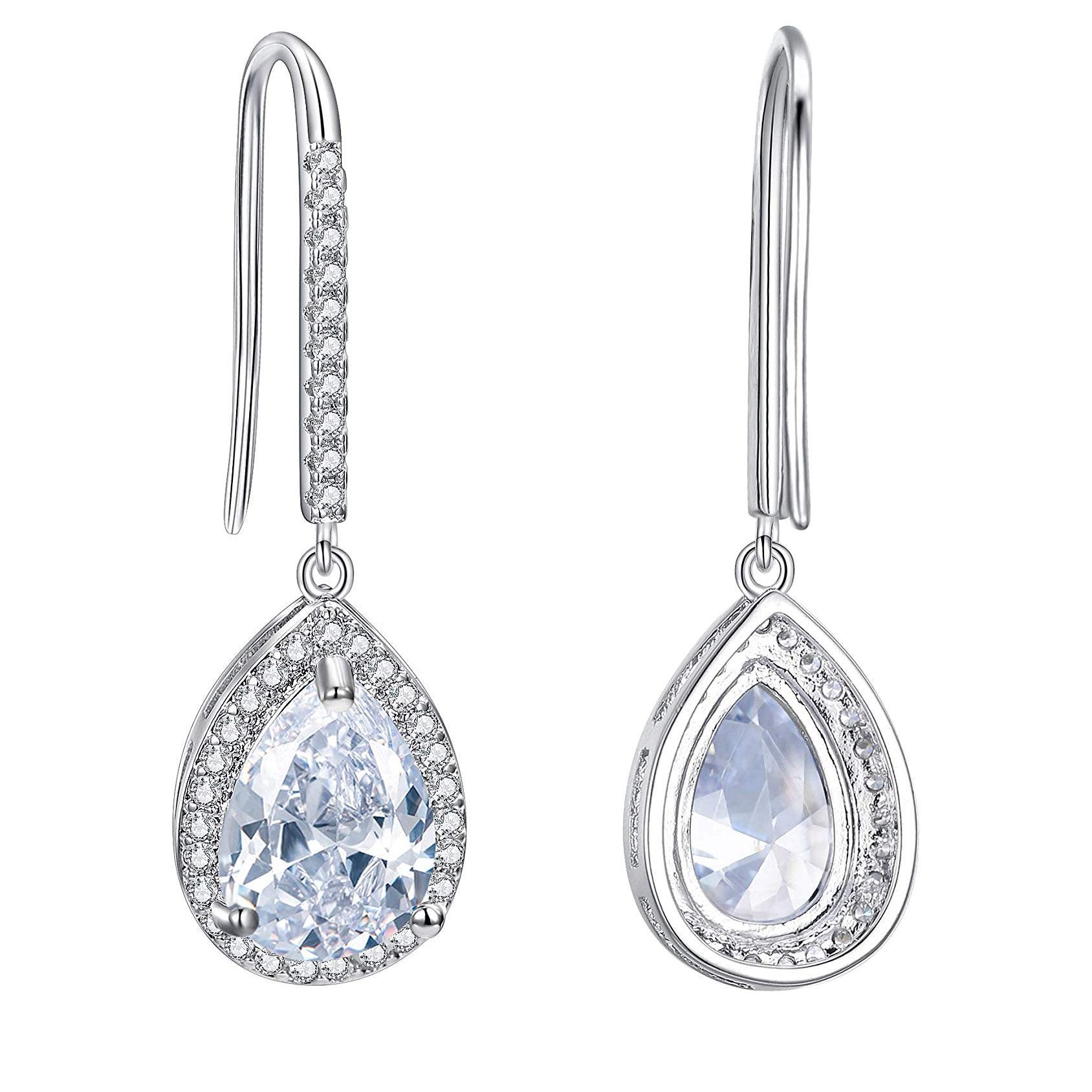 Elegant Pave Pear Cut Crystal Drop Earrings in 18K white gold plating, featuring sparkling Austrian crystals.