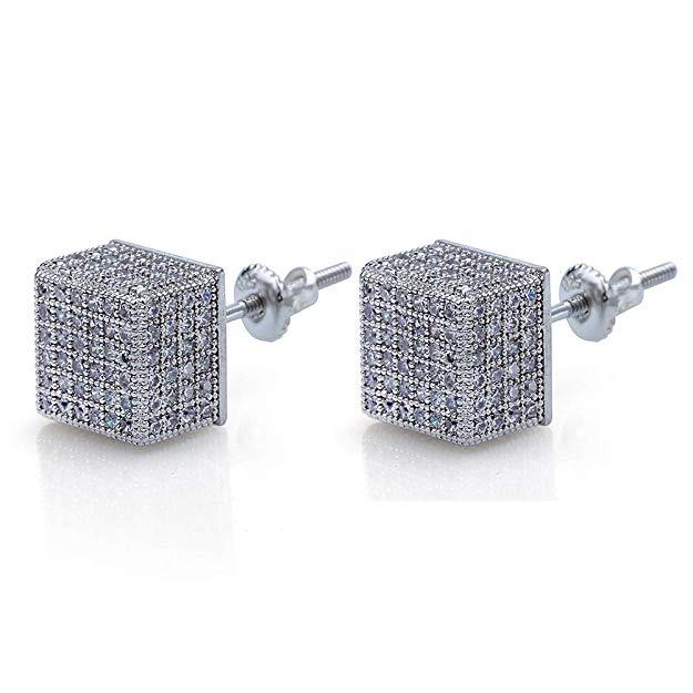 Pave Square Stud Earrings embellished with certified crystals, crafted in 18K white gold, showcasing elegance and quality.