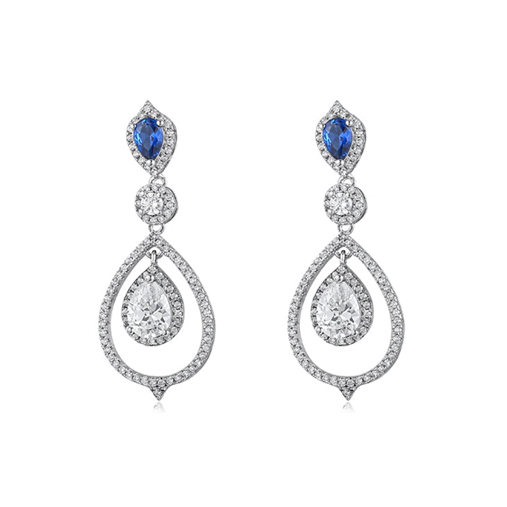 Elegant pear drop earrings for women, crafted from sterling silver with white gold finish, featuring white sapphire and blue zirconia stones.